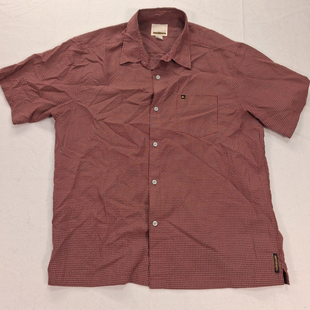 Quiksilver Shirt Mens XL L109383 Burgundy Grid Short Sleeve Button Down EUC